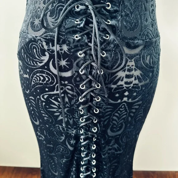 Killstar Genesis Lace Up Black Velvet Burnout Gothic Maxi Skirt - Picture 5 of 13